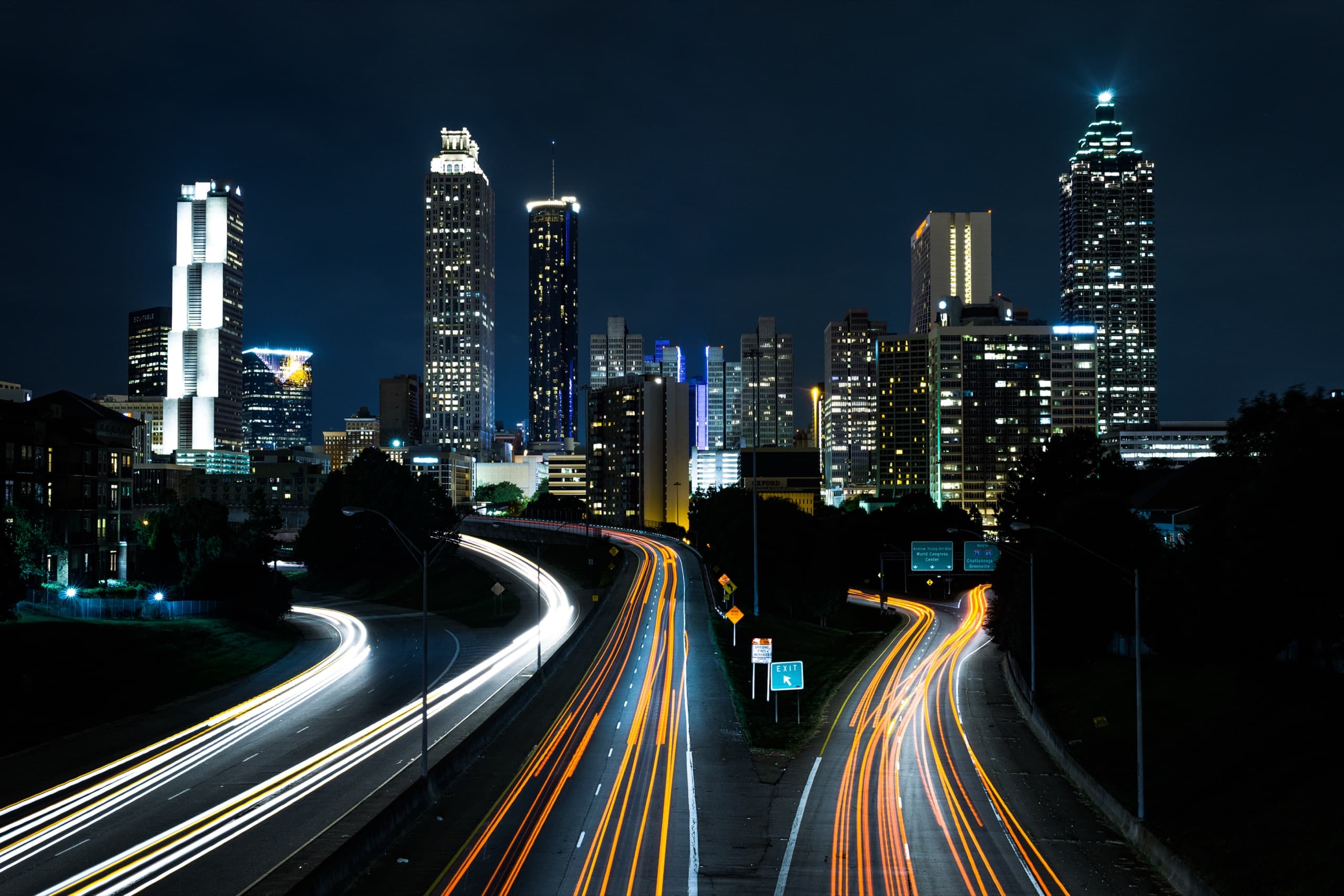 Downtown Atlanta skyline at night from the Jackson Street Bridge