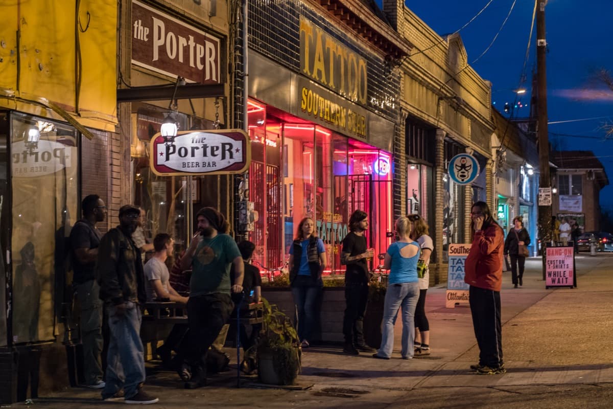 Night crowd outside the Porter Beer Bar in Little Five Points